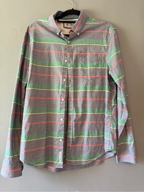 Original Penguin Gray Button-Down with Green and Coral Stripes